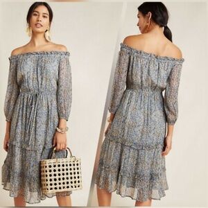 Anthropologie Kira Off the Shoulder Peasant Dress, Blue & Gold, size 2
